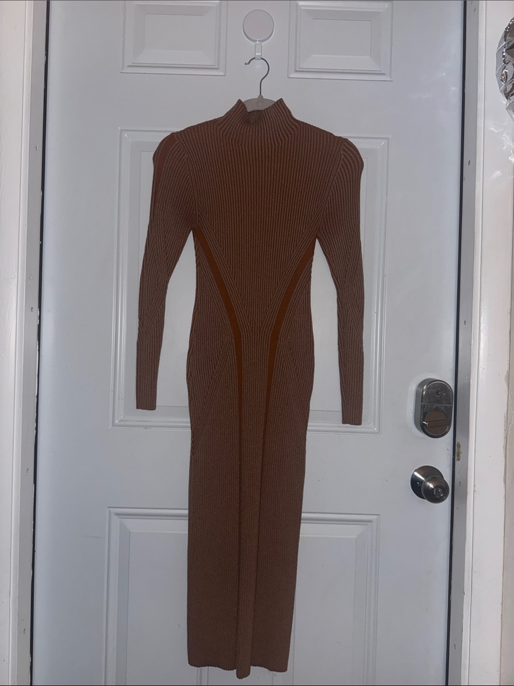 French Connection Ribbed Long Sleeve Maxi Dress in Brown